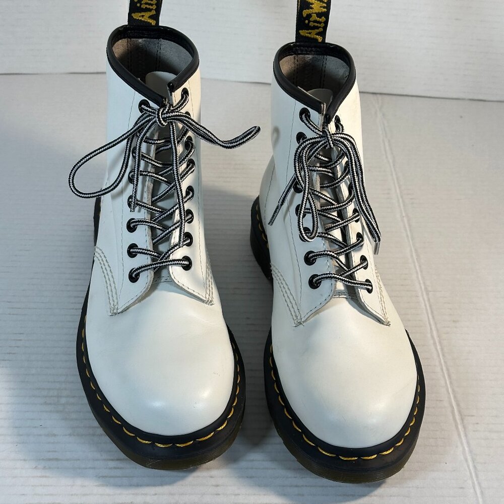 Dr. Martens White Leather Combat Boots with Black Soles